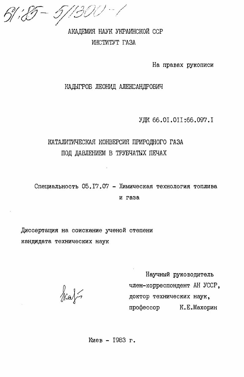 скачать диссертацию Каталитическая конверсия природного газа под давлением в трубчатых печах Каталитическая конверсия природного газа под давлением в трубчатых печах
