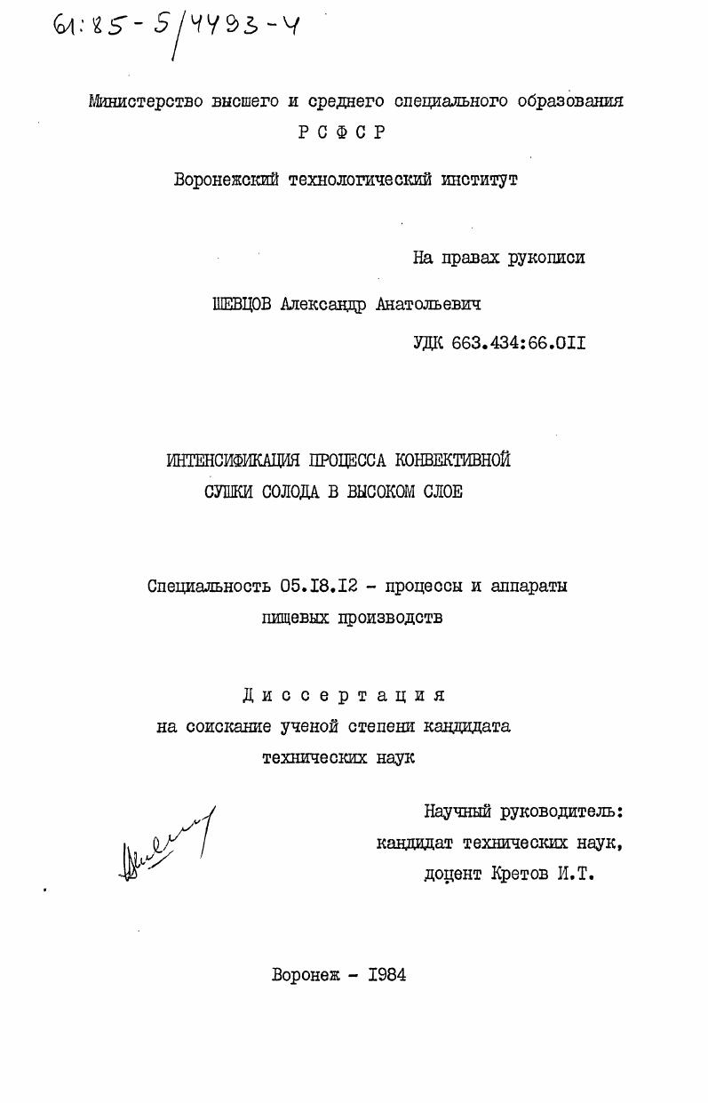 скачать диссертацию Интенсификация процесса конвективной сушки солода в высоком слое Интенсификация процесса конвективной сушки солода в высоком слое