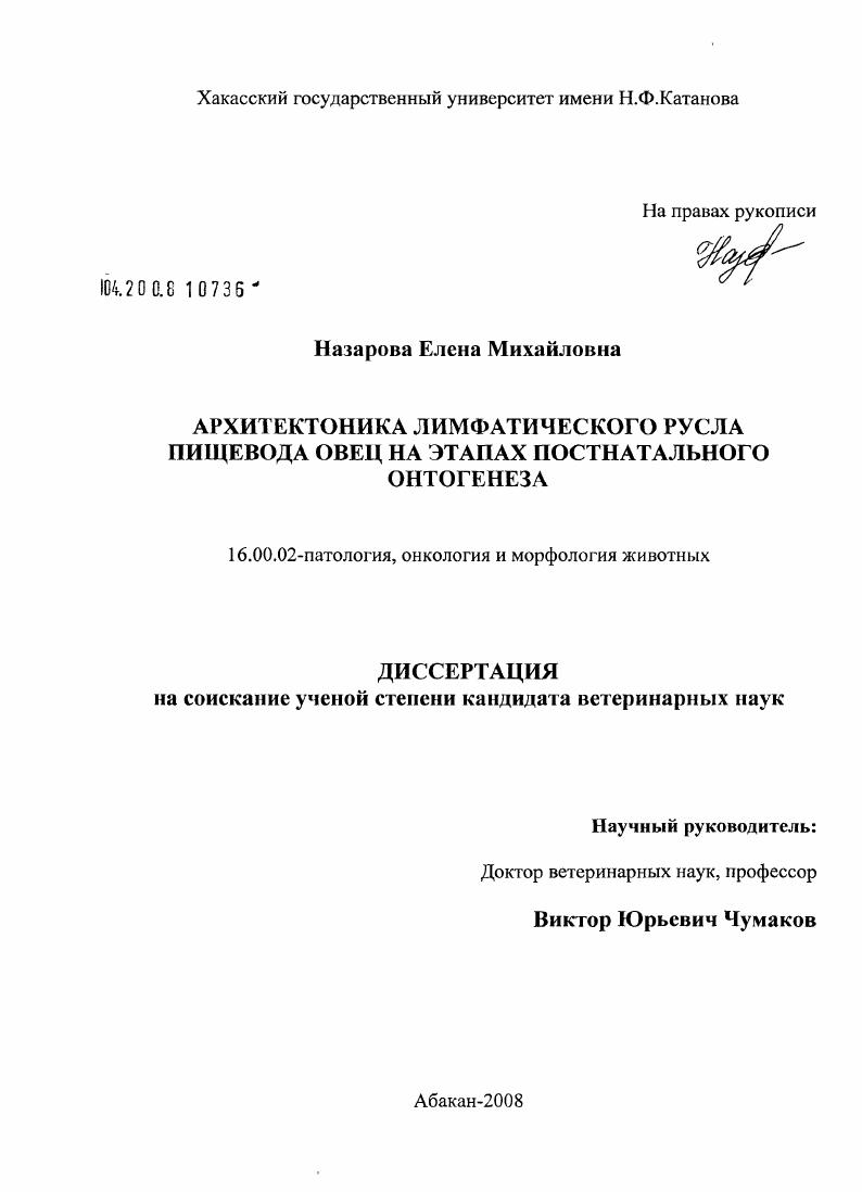 Архитектоника лимфатического русла пищевода овец на этапах постнатального онтогенеза