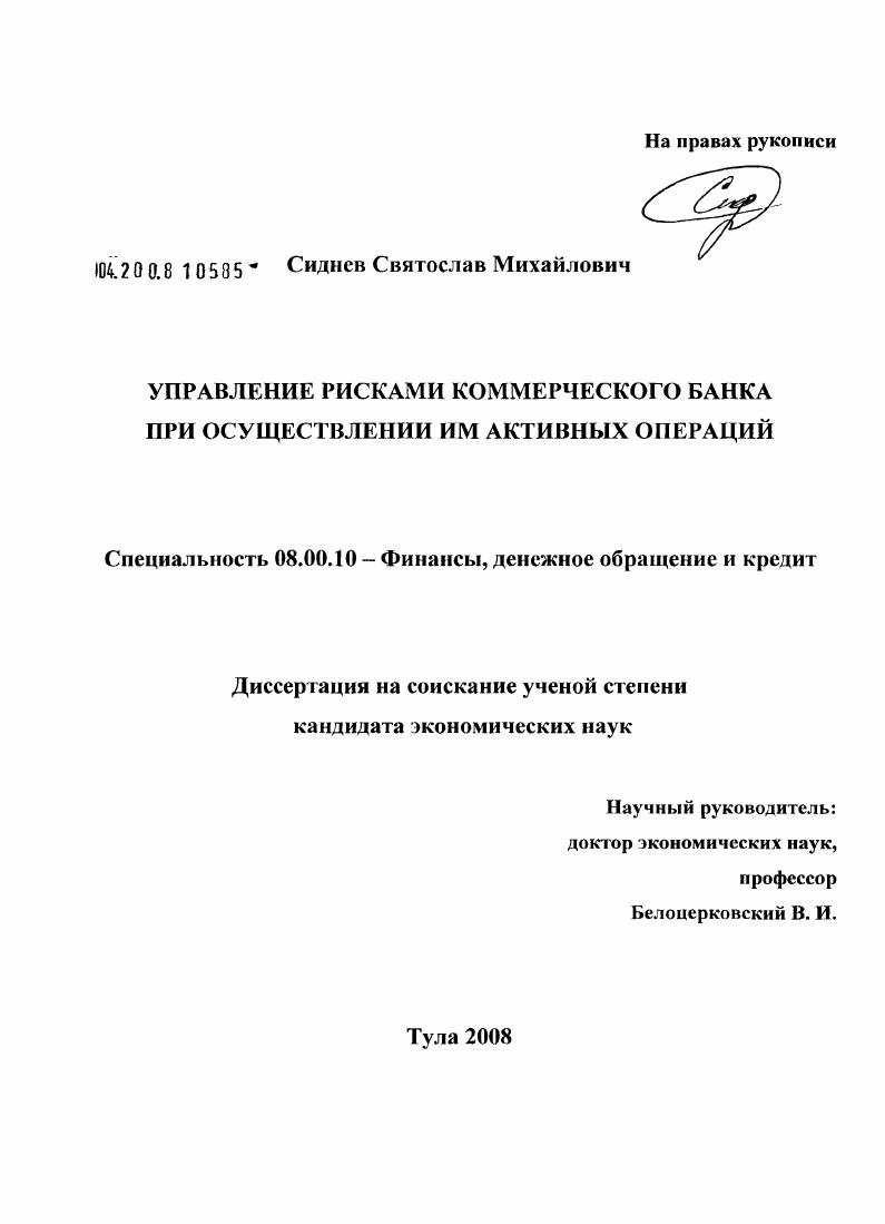 скачать диссертацию Управление рисками коммерческого банка при осуществлении им активных операций Управление рисками коммерческого банка при осуществлении им активных операций