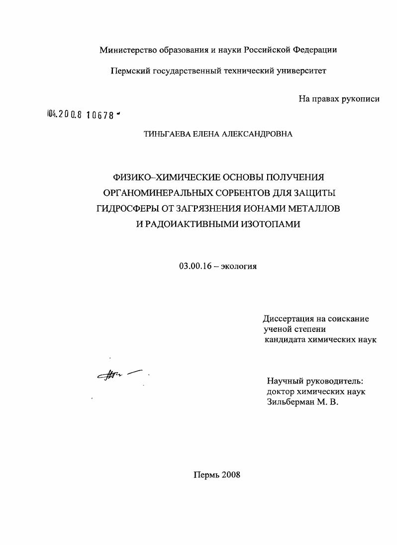 Физико-химические основы получения органоминеральных сорбентов для защиты гидросферы от загрязнения ионами металлов и радиоактивными изотопами