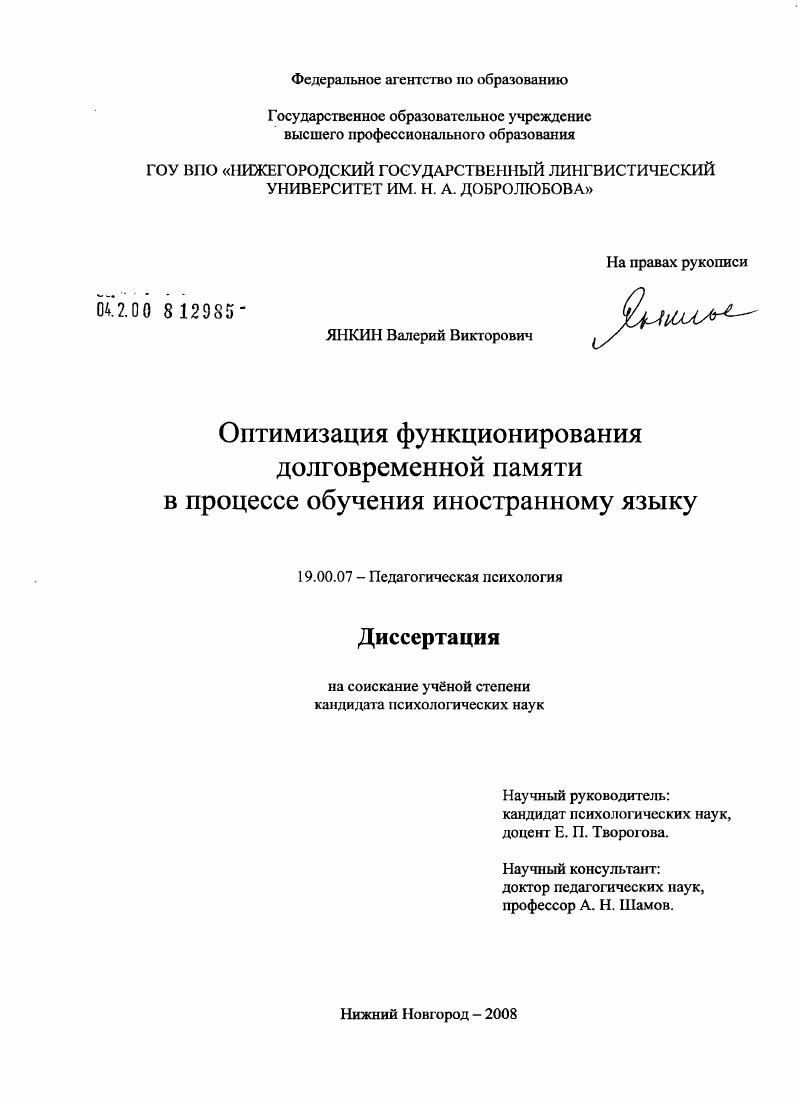 Оптимизация функционирования долговременной памяти в процессе обучения иностранному языку