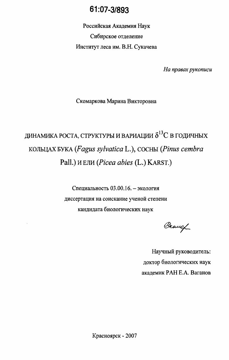 Динамика роста, структуры и вариации δ13C в годичных кольцах бука (Fagus sylvatica L.), сосны (Pinus cembra Pall.) и ели (Picea abies (L.) Karst.)