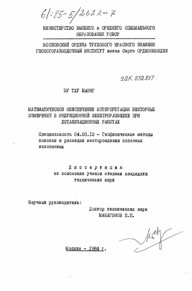 Математическое обеспечение интерпретации векторных измерений в индукционной электроразведке при детализационных работах