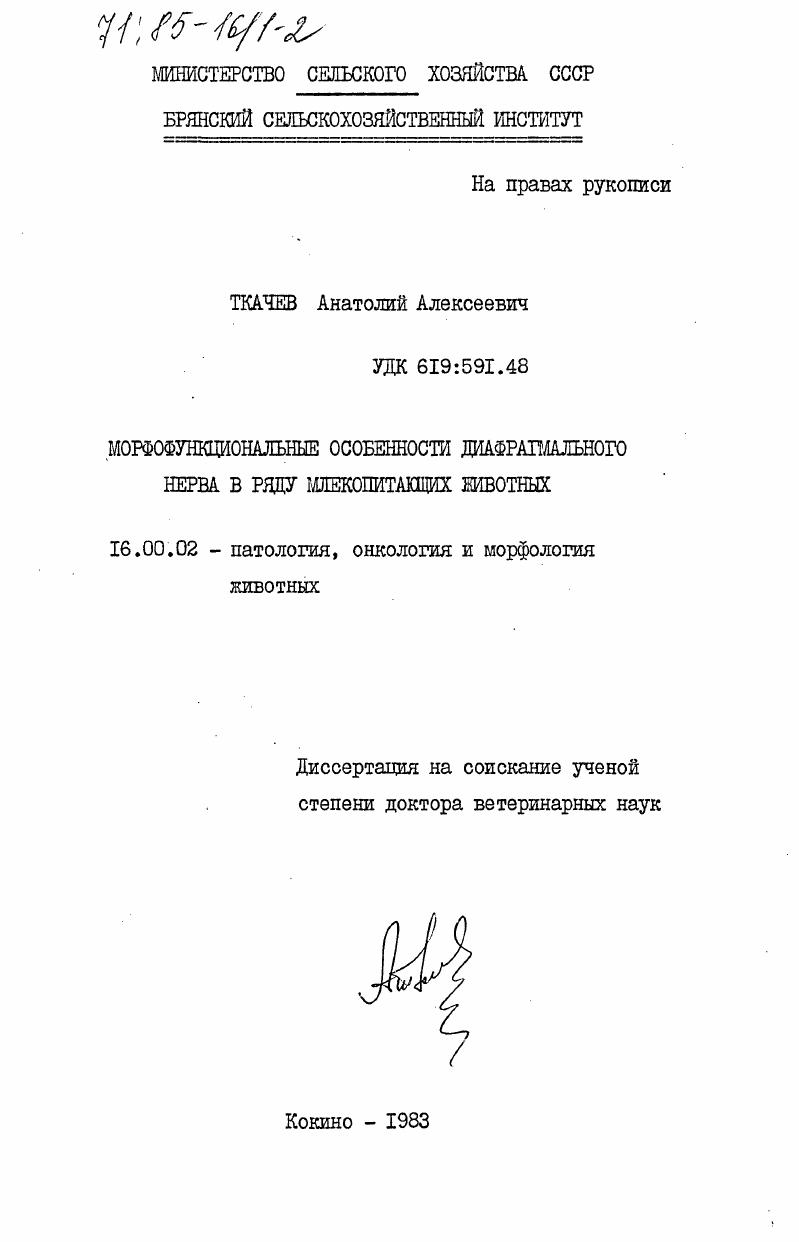 Морфофункциональные особенности диафрагмального нерва в ряду млекопитающих животных