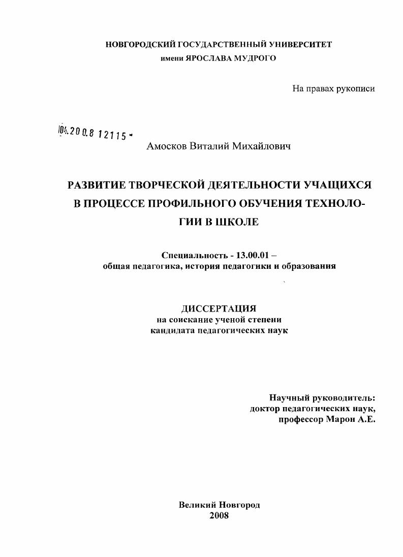 скачать диссертацию Развитие творческой деятельности учащихся в процессе профильного обучения технологии в школе Развитие творческой деятельности учащихся в процессе профильного обучения технологии в школе