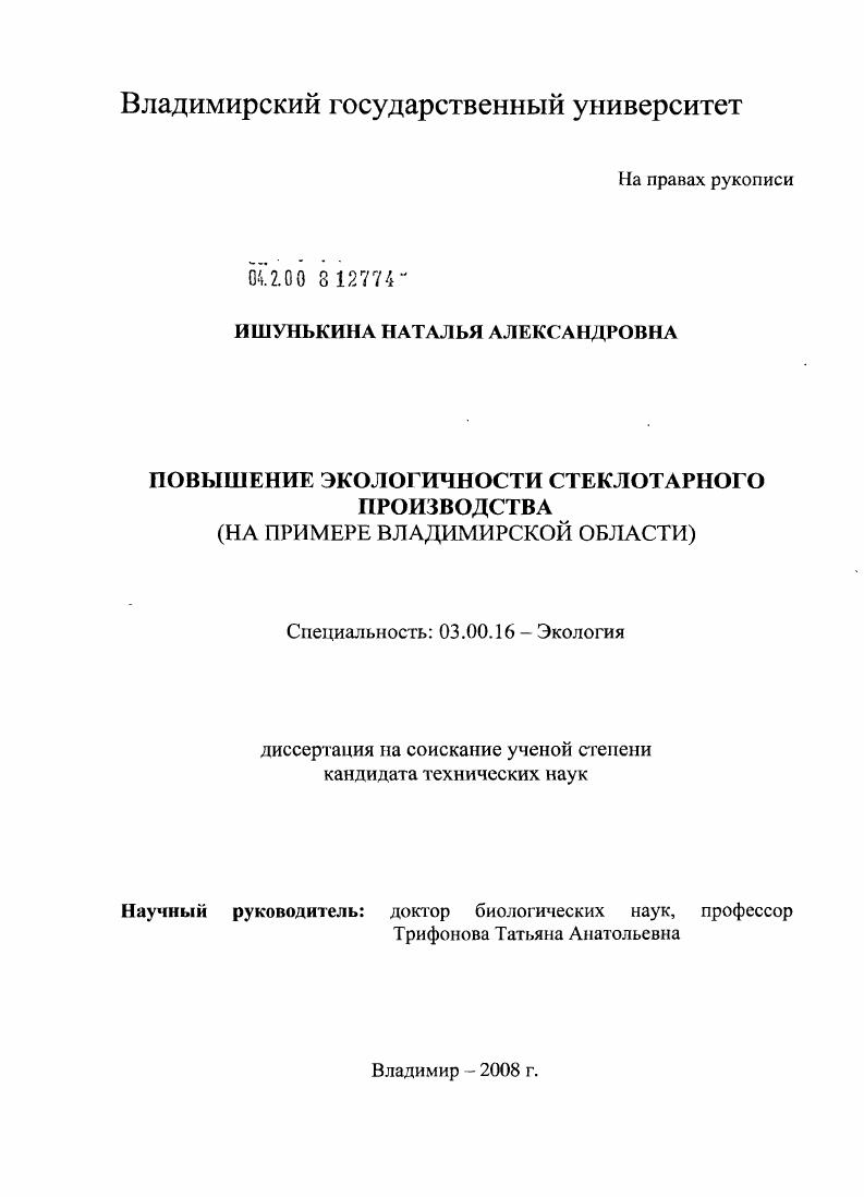 скачать диссертацию Повышение экологичности стеклотарного производства : на примере Владимирской области Повышение экологичности стеклотарного производства : на примере Владимирской области