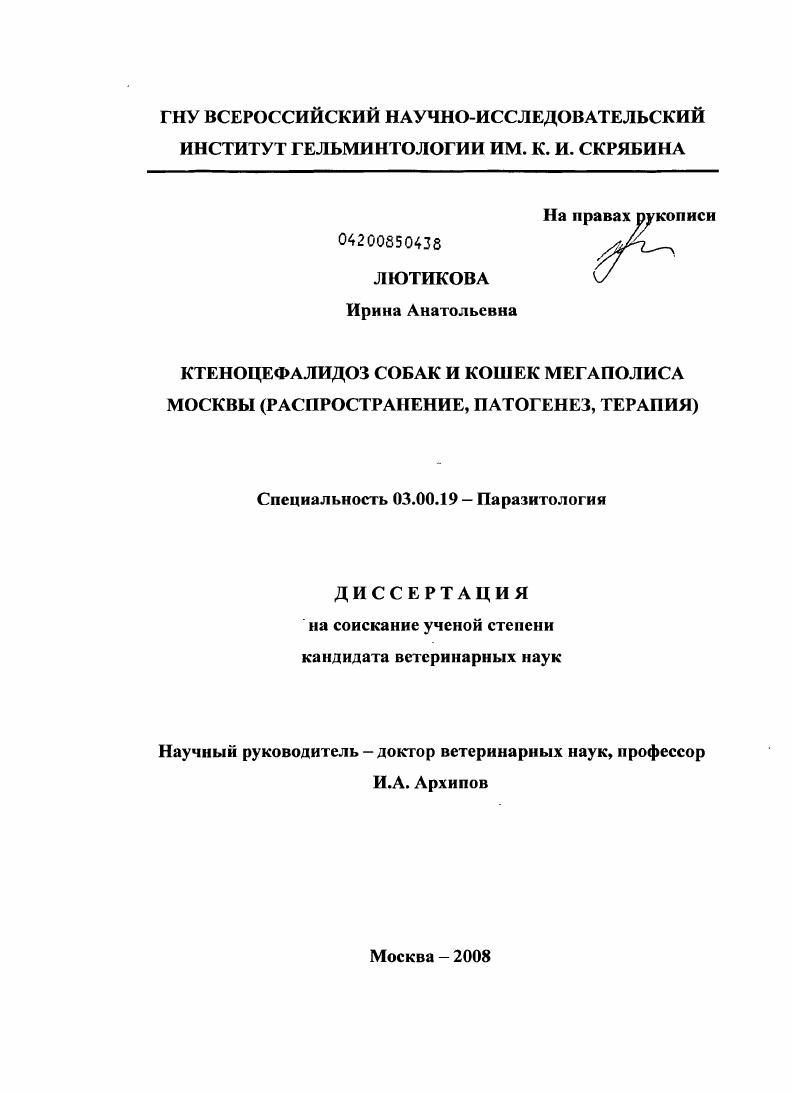 Ктеноцефалидоз собак и кошек мегаполиса Москвы : распространение, патогенез, терапия