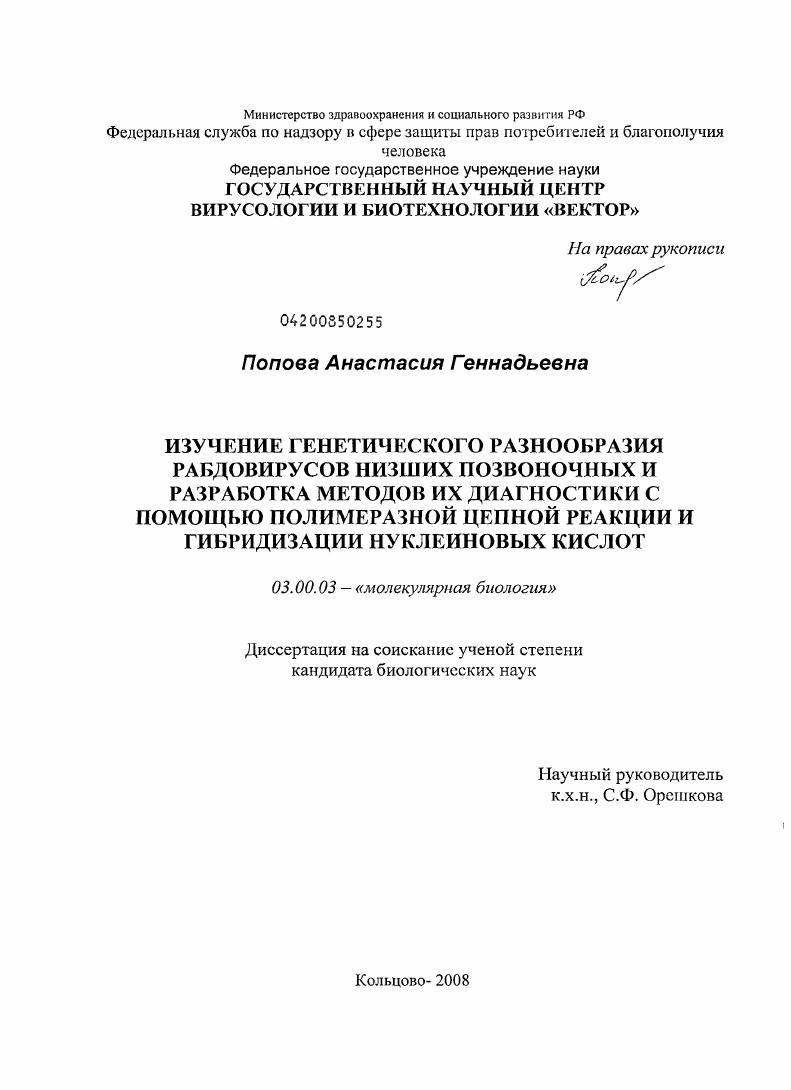 Изучение генетического разнообразия рабдовирусов низших позвоночных и разработка методов их диагностики с помощью полимеразной цепной реакции и гибридизации нуклеиновых кислот