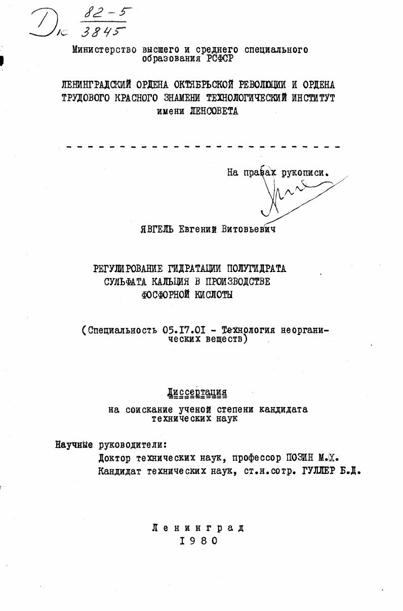 скачать диссертацию Регулирование гидратации полугидрата сульфата кальция в производстве фосфорной кислоты Регулирование гидратации полугидрата сульфата кальция в производстве фосфорной кислоты