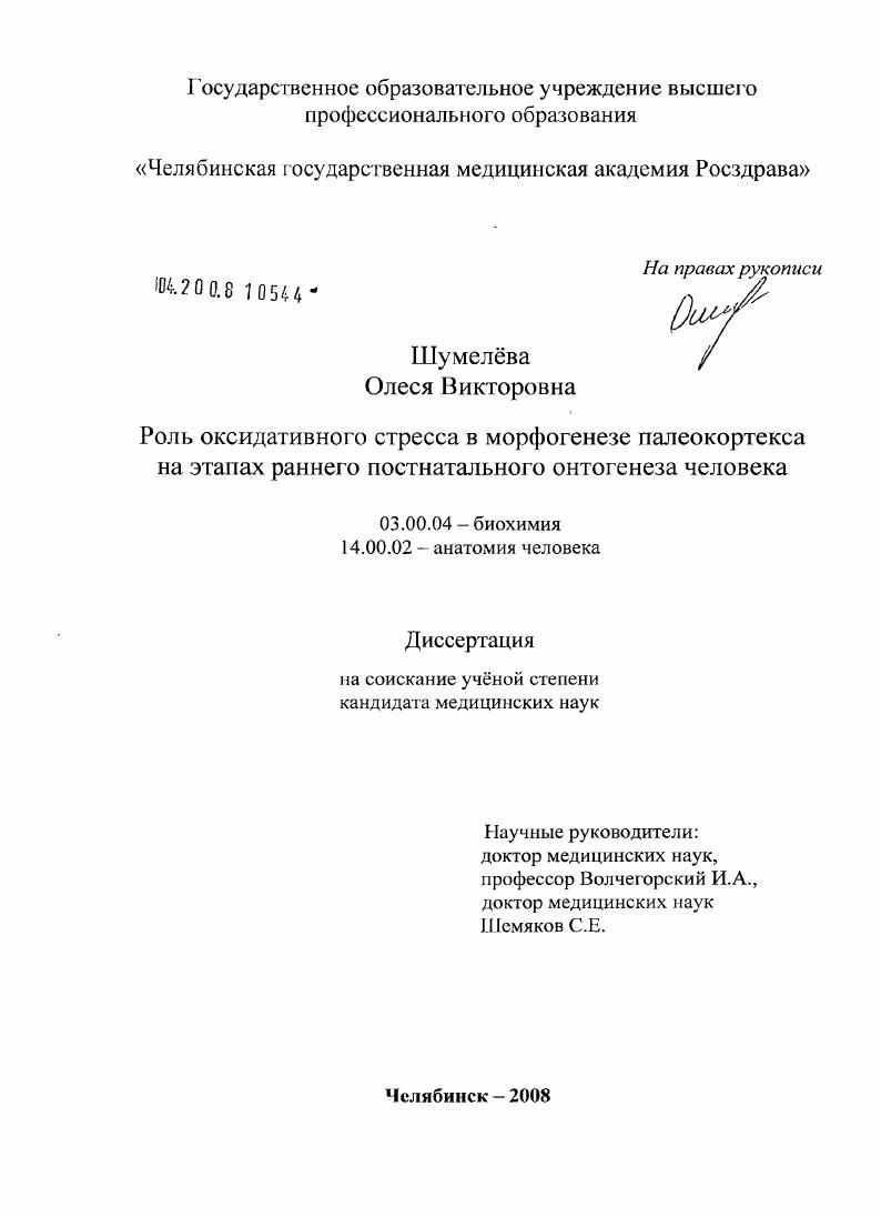 скачать диссертацию Роль оксидативного стресса в морфогенезе палеокортекса на этапах раннего постнатального онтогенеза человека Роль оксидативного стресса в морфогенезе палеокортекса на этапах раннего постнатального онтогенеза человека