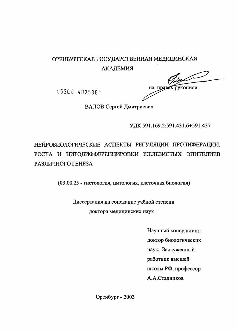 Нейробиологические аспекты регуляции пролиферации, роста и цитодифференцировки железистых эпителиев различного генеза