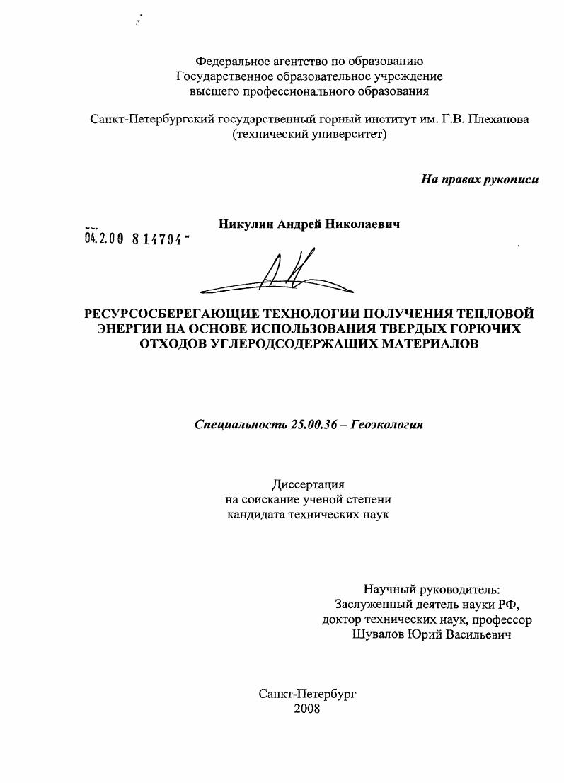 Ресурсосберегающие технологии получения тепловой энергии на основе использования твердых горючих отходов углеродсодержащих материалов