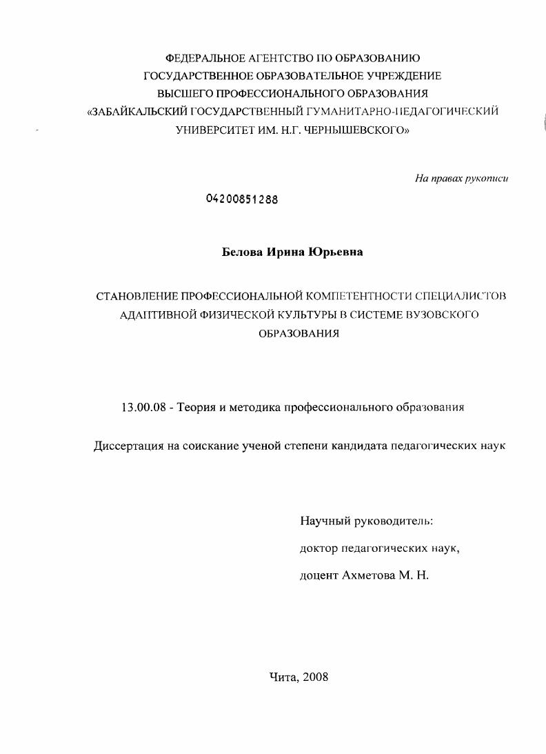 скачать диссертацию Становление профессиональной компетентности специалистов адаптивной физической культуры в системе вузовского образования Становление профессиональной компетентности специалистов адаптивной физической культуры в системе вузовского образования