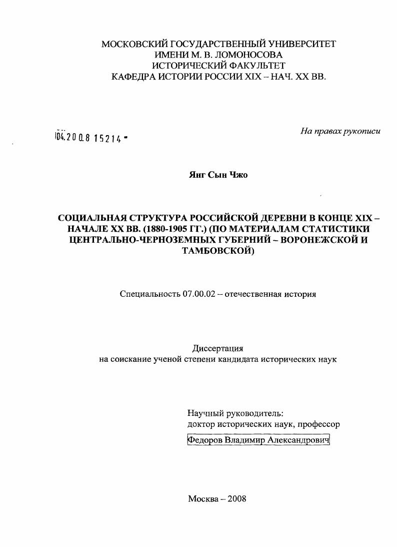 Социальная структура российской деревни в конце XIX - начале XX вв. (1880-1905 гг.) : по материалам статистики Центрально-черноземных губерний - Воронежской и Тамбовской