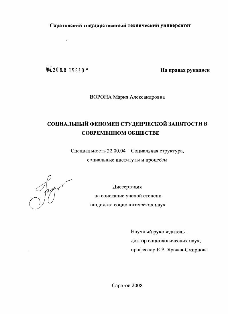 Социальный феномен студенческой занятости в современном обществе