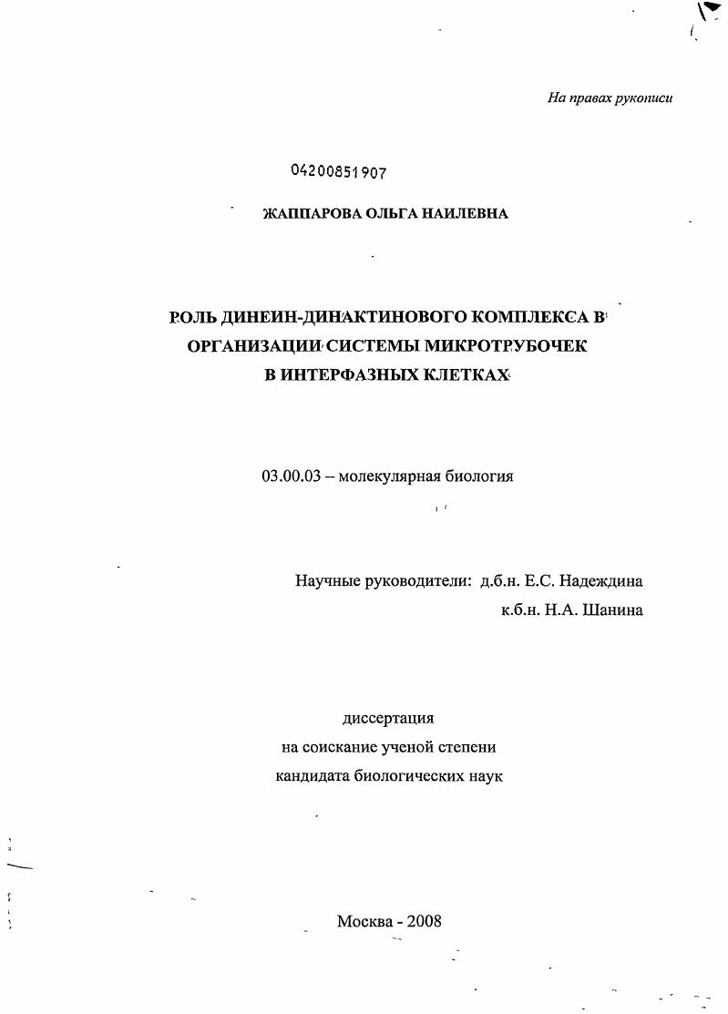 Роль динеин-динактинового комплекса в организации системы микротрубочек в интерфазных клетках