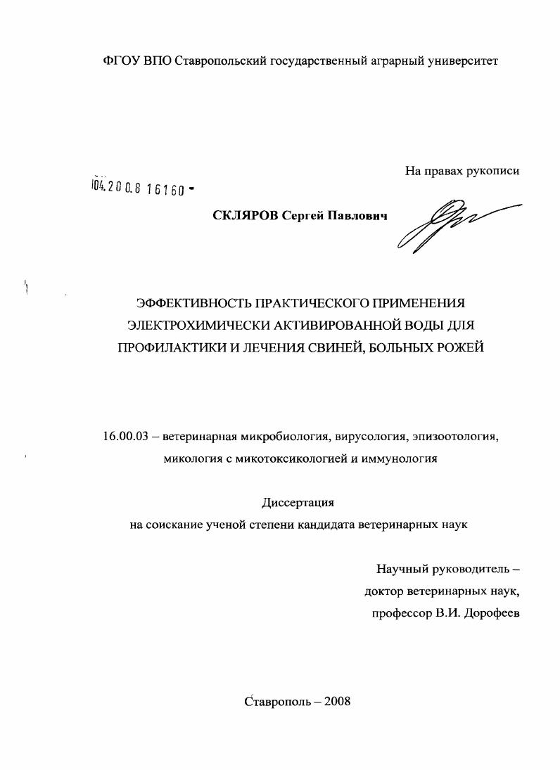 Эффективность практического применения электрохимически активированной воды для профилактики и лечения свиней, больных рожей