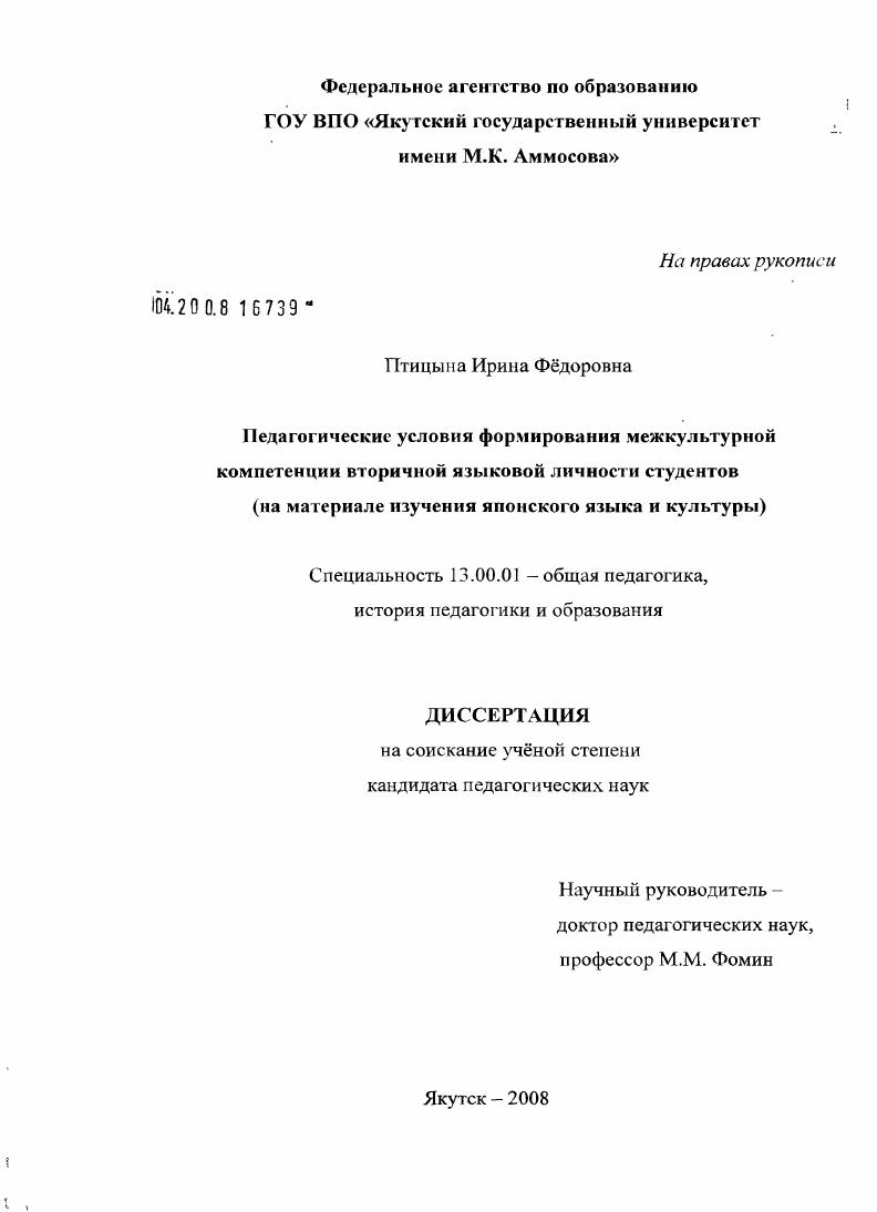 скачать диссертацию Педагогические условия формирования межкультурной компетенции вторичной языковой личности студентов : на материале изучения японского языка и культуры Педагогические условия формирования межкультурной компетенции вторичной языковой личности студентов : на материале изучения японского языка и культуры