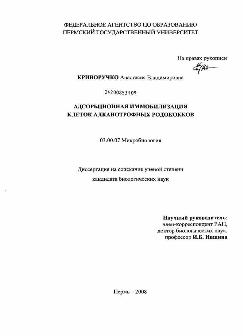 скачать диссертацию Адсорбционная иммобилизация клеток алканотрофных родококков Адсорбционная иммобилизация клеток алканотрофных родококков