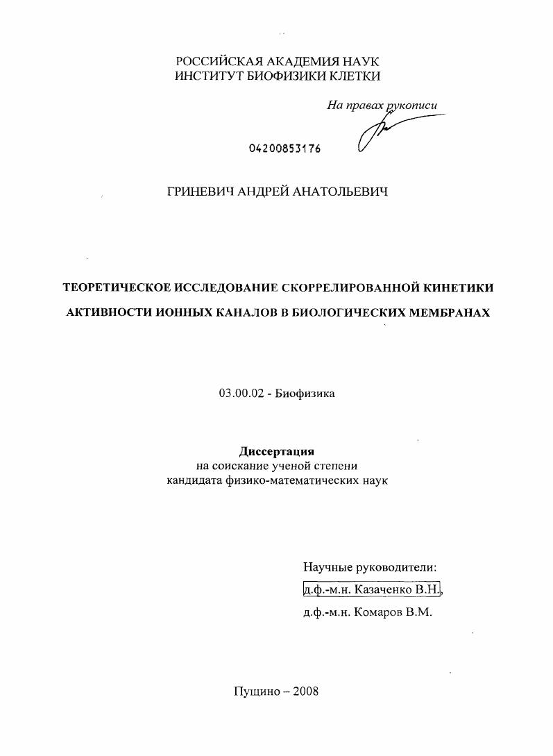 Теоретическое исследование скоррелированной кинетики активности ионных каналов в биологических мембранах