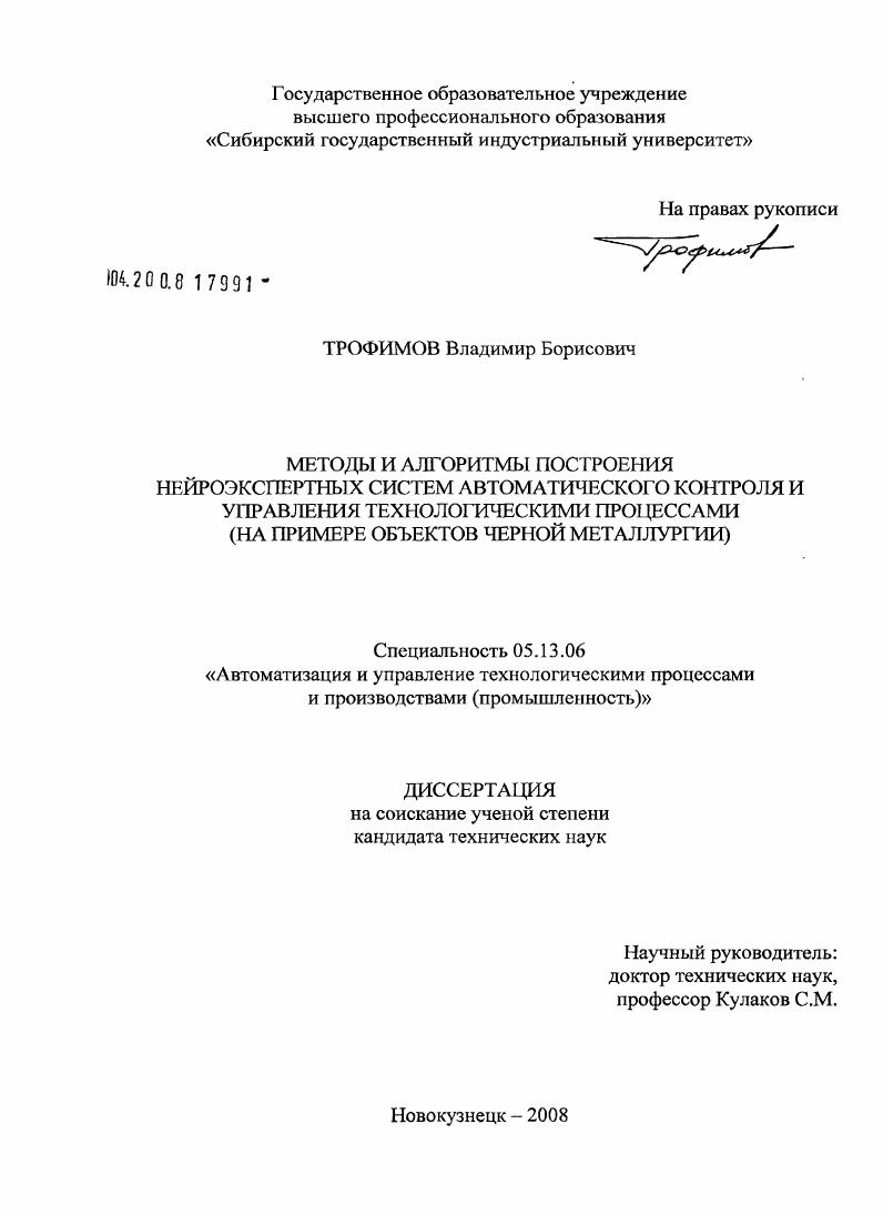 Методы и алгоритмы построения нейроэкспертных систем автоматического контроля и управления технологическими процессами : на примере объектов черной металлургии