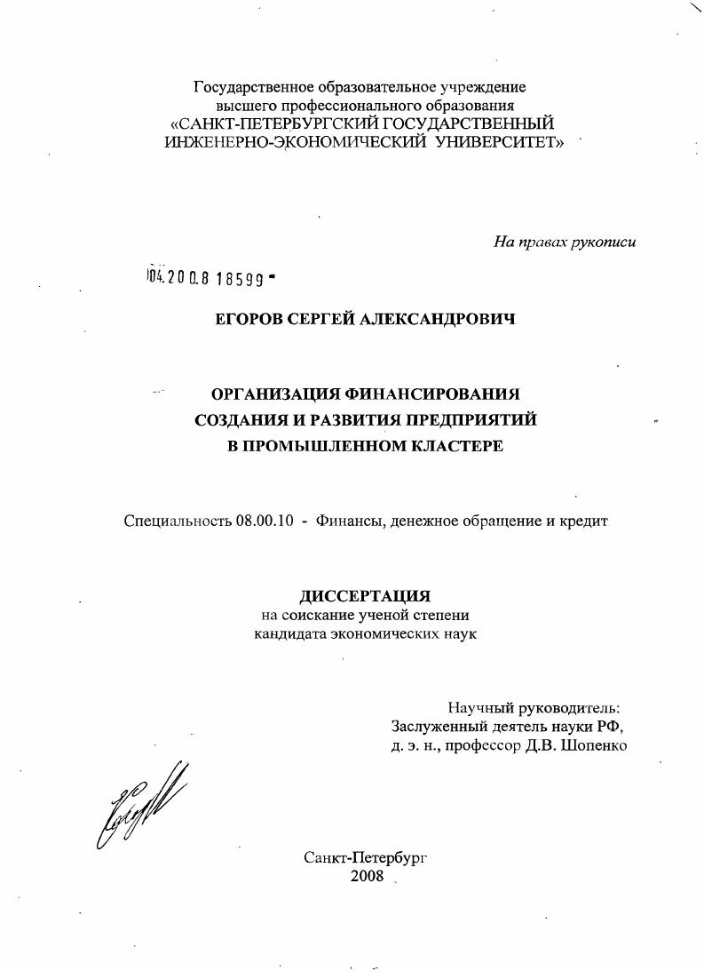 Организация финансирования создания и развития предприятий в промышленном кластере