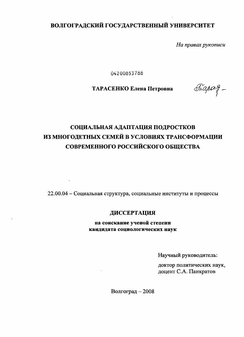 Социальная адаптация подростков из многодетных семей в условиях трансформации современного российского общества