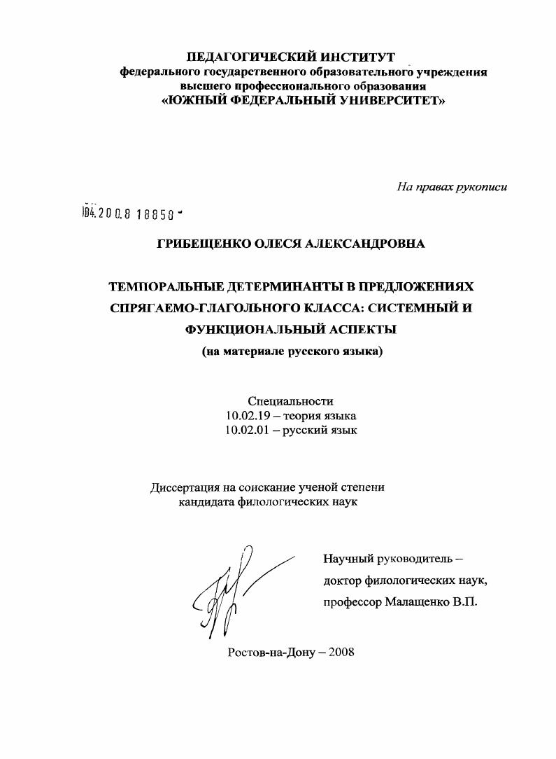 Темпоральные детерминанты в предложениях спрягаемо-глагольного класса: системный и функциональный аспекты : на материале русского языка