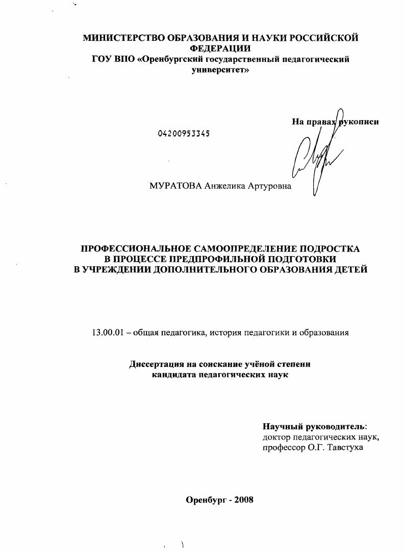 Профессиональное самоопределение подростка в процессе предпрофильной подготовки в учреждении дополнительного образования детей