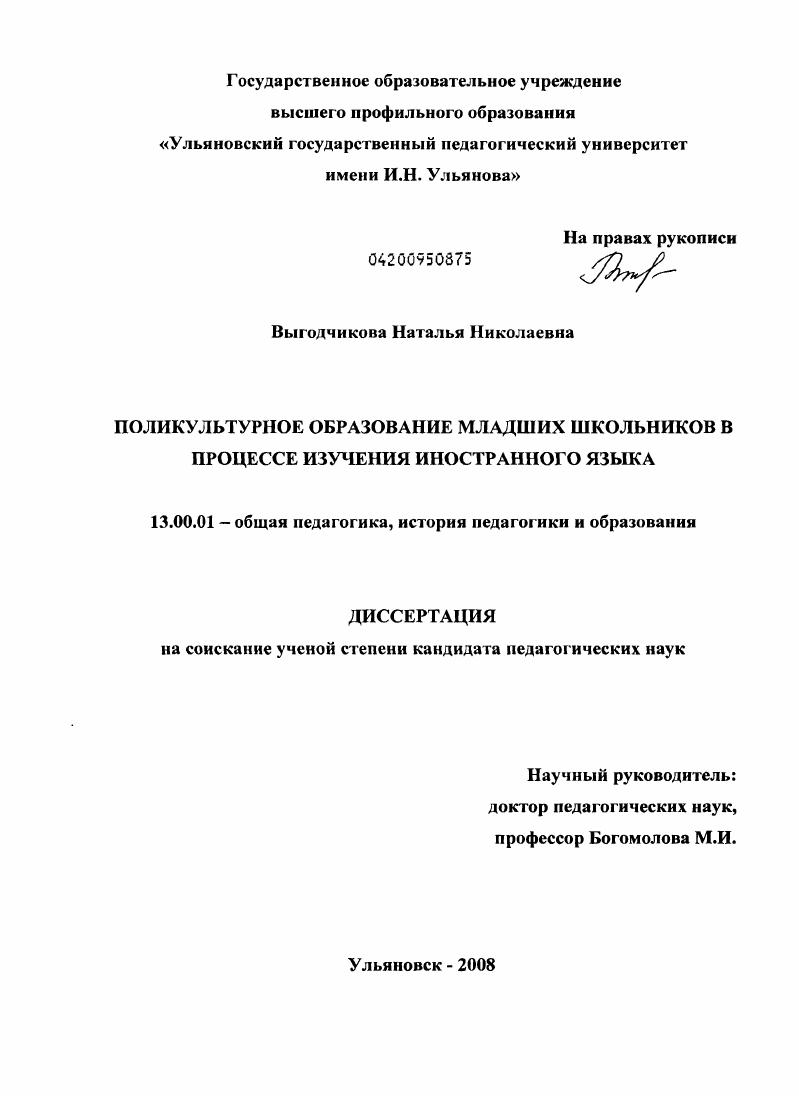 скачать диссертацию Поликультурное образование младших школьников в процессе изучения иностранного языка Поликультурное образование младших школьников в процессе изучения иностранного языка