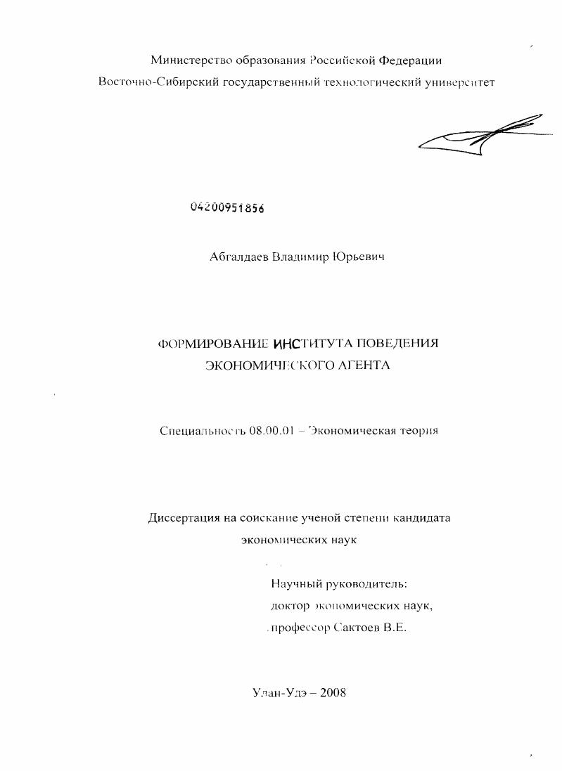 скачать диссертацию Формирование института поведения экономического агента Формирование института поведения экономического агента