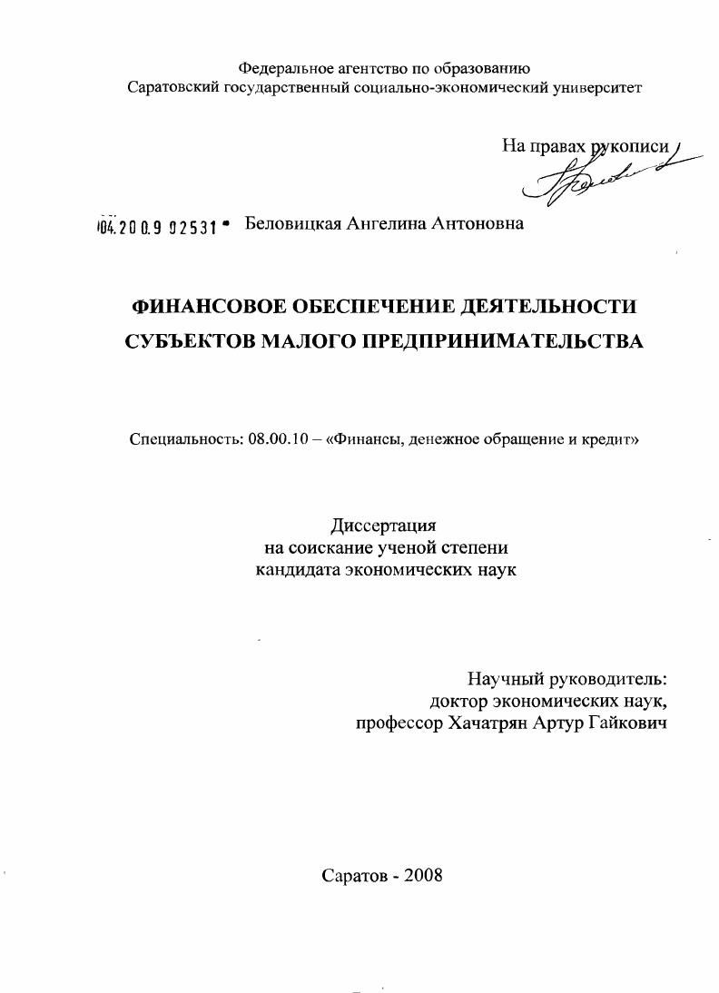 скачать диссертацию Финансовое обеспечение деятельности субъектов малого предпринимательства Финансовое обеспечение деятельности субъектов малого предпринимательства