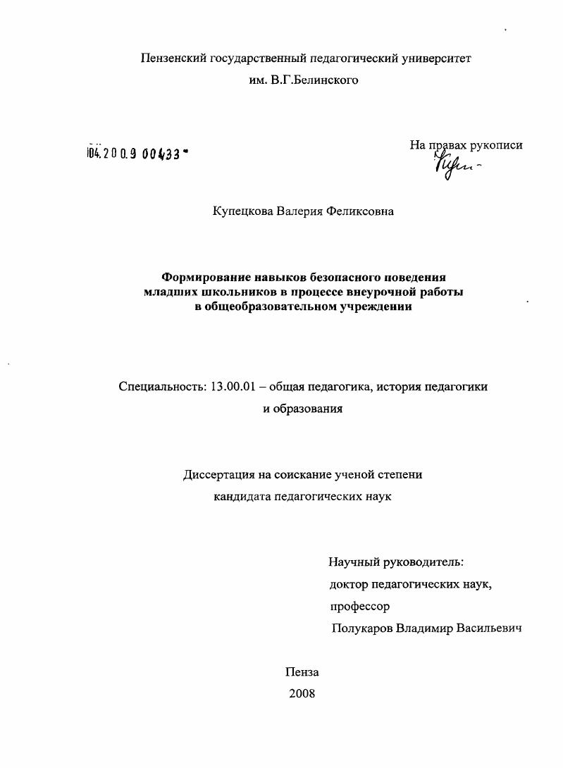 скачать диссертацию Формирование навыков безопасного поведения младших школьников в процессе внеурочной работы в общеобразовательном учреждении Формирование навыков безопасного поведения младших школьников в процессе внеурочной работы в общеобразовательном учреждении