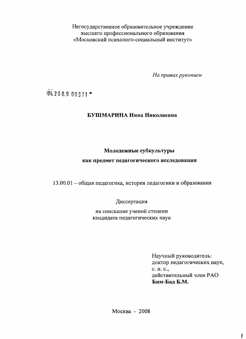 скачать диссертацию Молодежные субкультуры как предмет педагогического исследования Молодежные субкультуры как предмет педагогического исследования