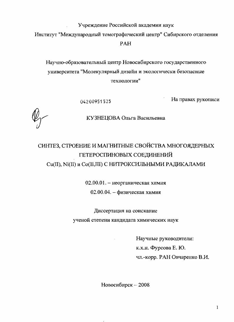 Синтез, строение и магнитные свойства многоядерных гетероспиновых соединений Cu(II),Ni(II) и Co(II,III) с нитроксильными радикалами