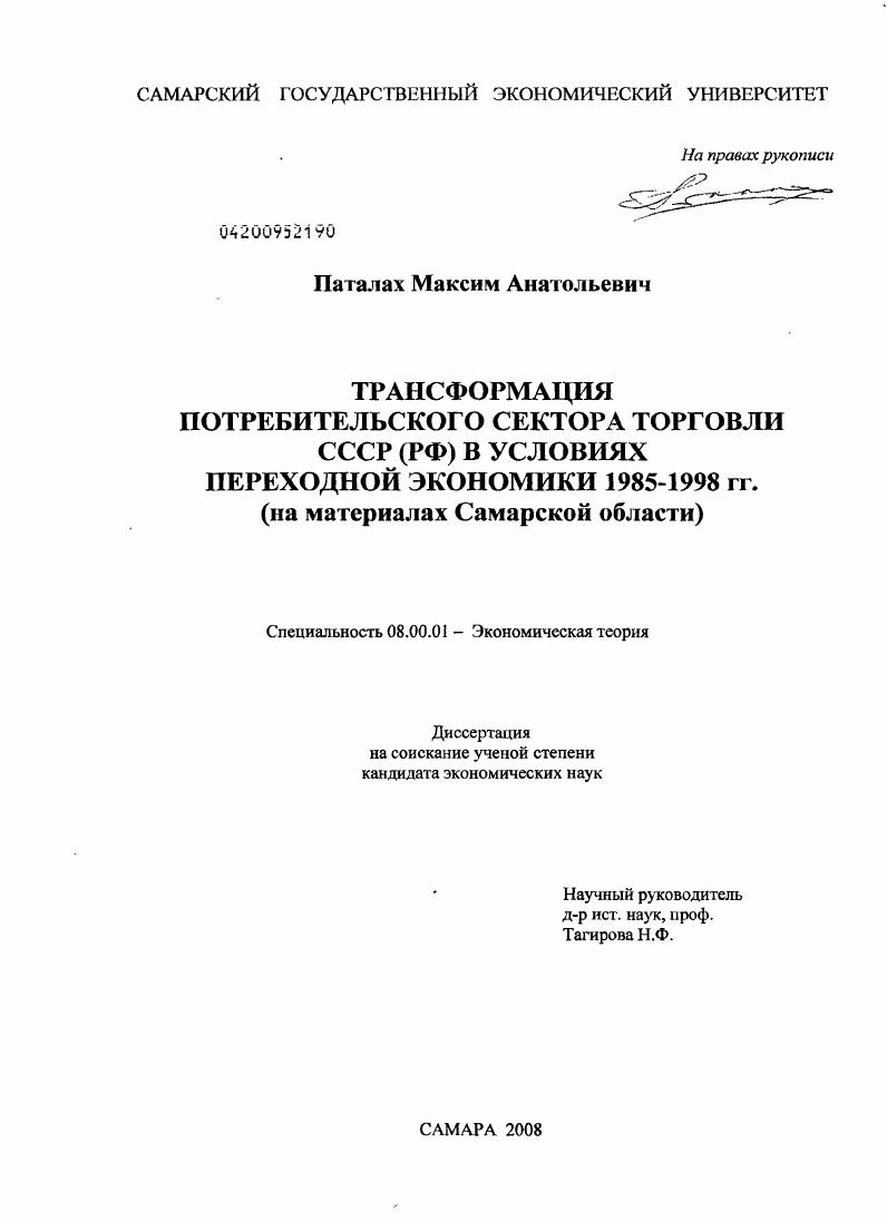 Трансформация потребительского сектора торговли СССР (РФ) в условиях переходной экономики 1985-1998 гг. : на материалах Самарской области