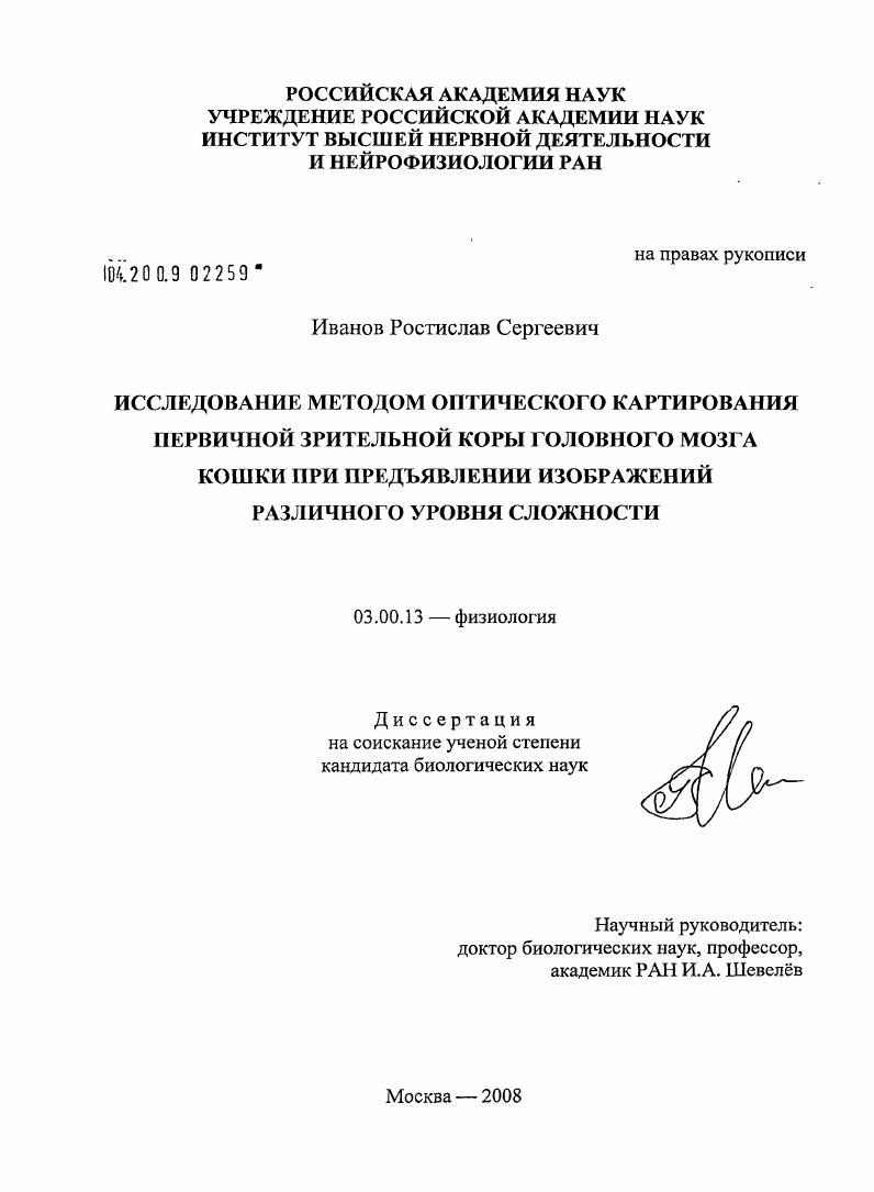 Исследование методом оптического картирования первичной зрительной коры головного мозга кошки при предъявлении изображений различного уровня сложности