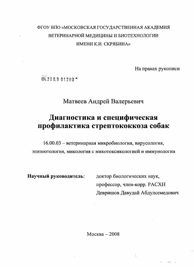 Диагностика и специфическая профилактика стрептококкоза собак