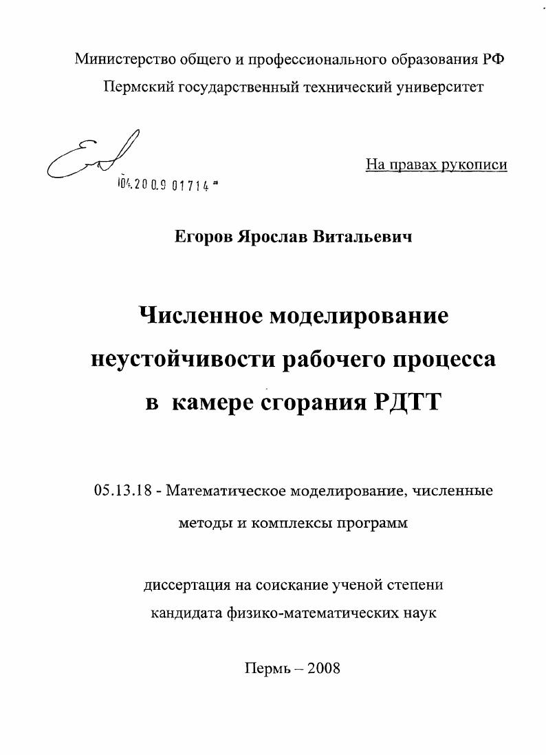 скачать диссертацию Численное моделирование неустойчивости рабочего процесса в камере сгорания РДТТ Численное моделирование неустойчивости рабочего процесса в камере сгорания РДТТ