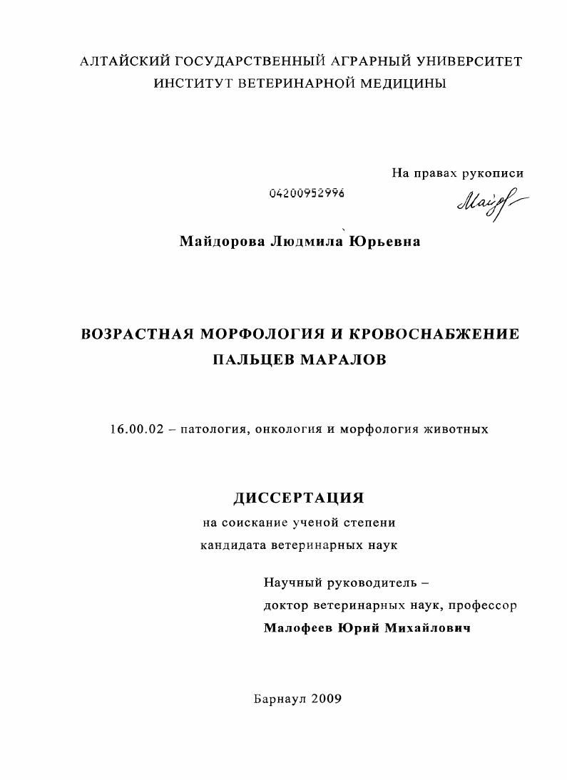 Возрастная морфология и кровоснабжение пальцев маралов