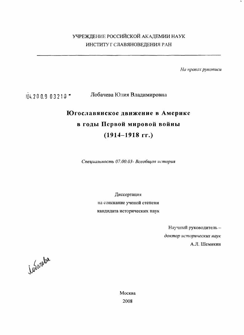 Югославянское движение в Америке в годы Первой мировой войны : 1914-1918 гг.