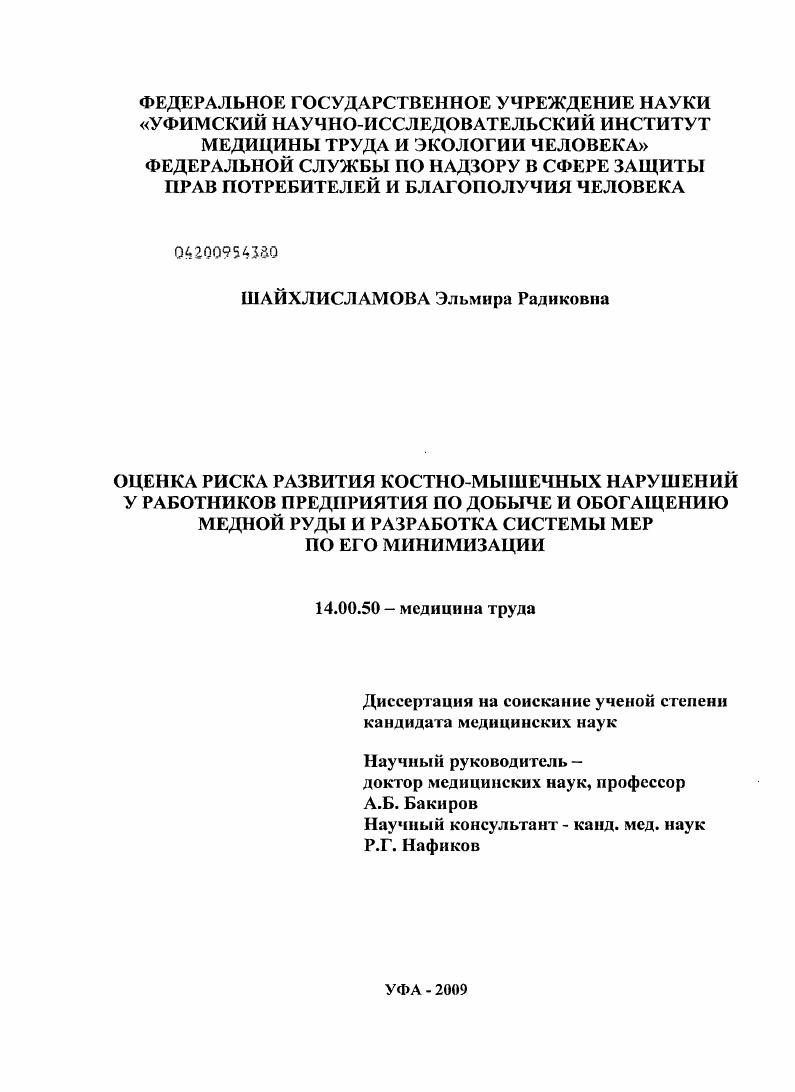 Оценка риска развития костно-мышечных нарушений у работников предприятия по добыче и обогащению медной руды и разработка системы мер по его минимизации