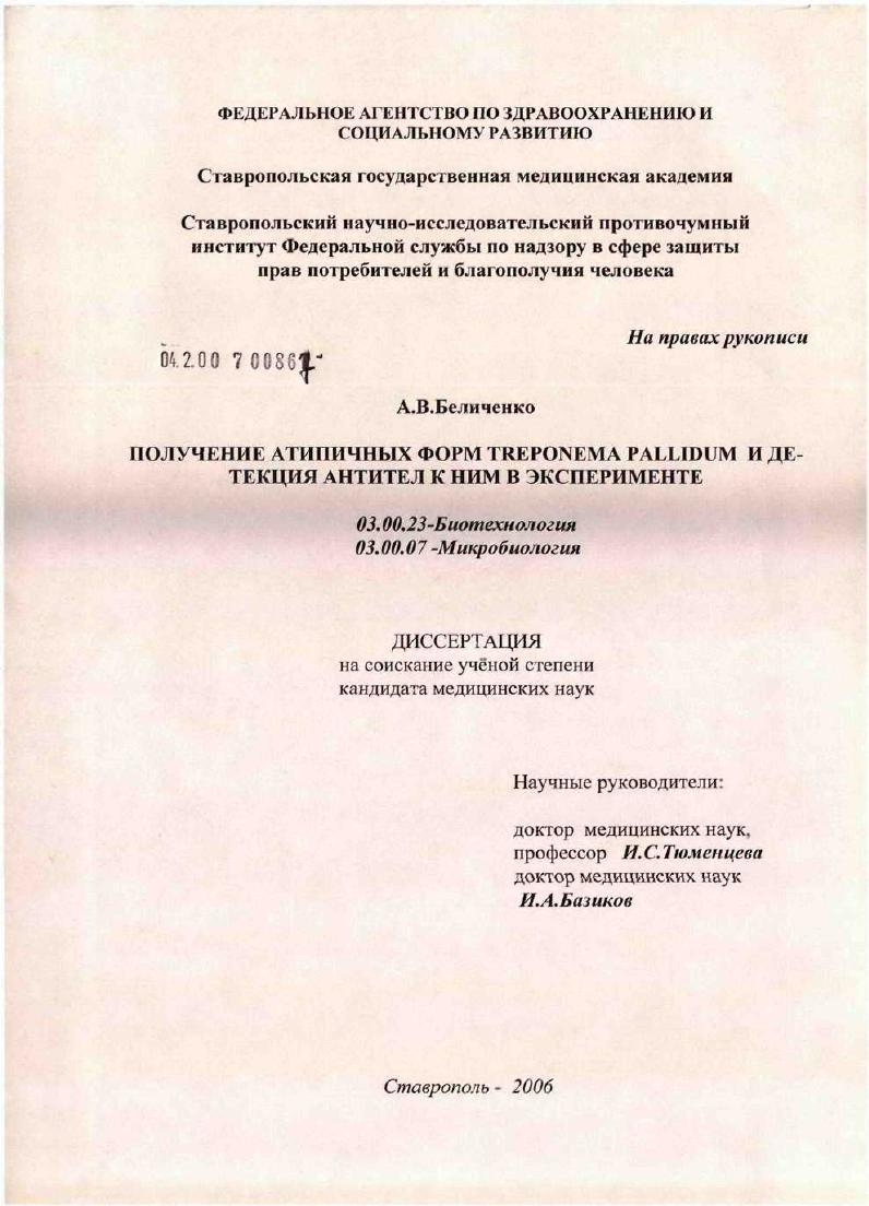 Получение атипичных форм Treponema pallidum и детекция антител к ним в эксперименте