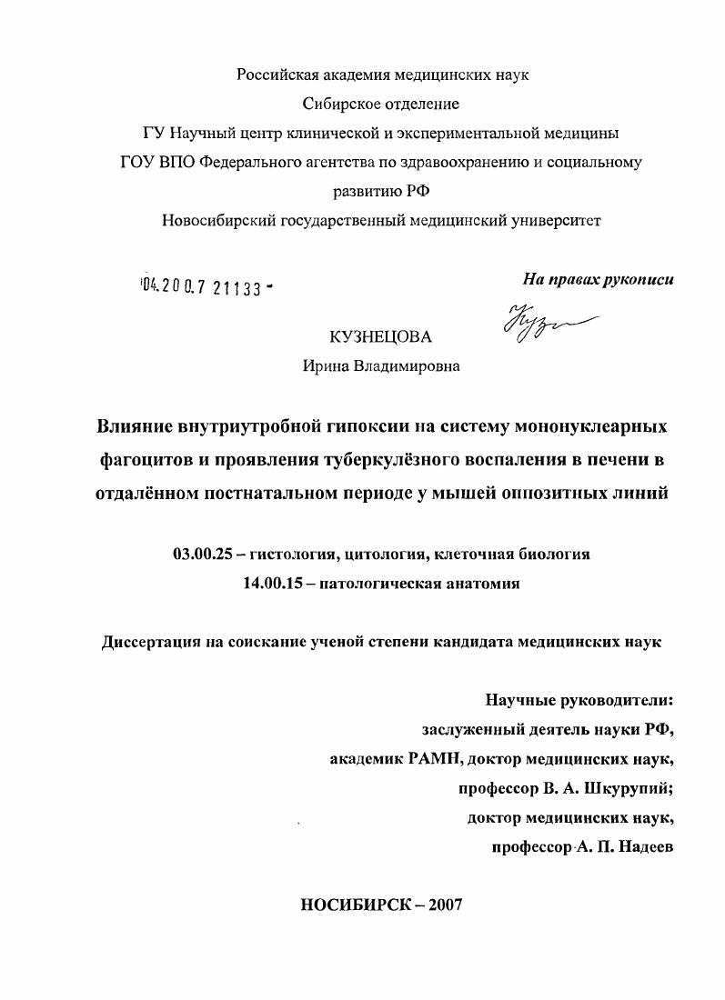 Влияние внутриутробной гипоксии на систему мононуклеарных фагоцитов и проявления туберкулезного воспаления в печени в отдаленном постнатальном периоде у мышей оппозитных линий