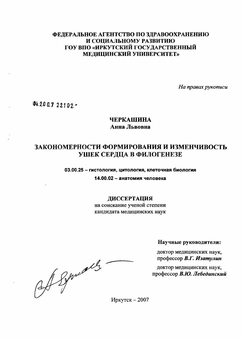 Закономерности формирования и изменчивость ушек сердца в филогенезе