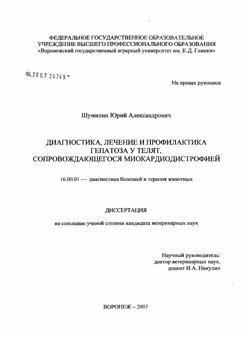 Диагностика, лечение и профилактика гепатоза у телят, сопровождающегося миокардиодистрофией