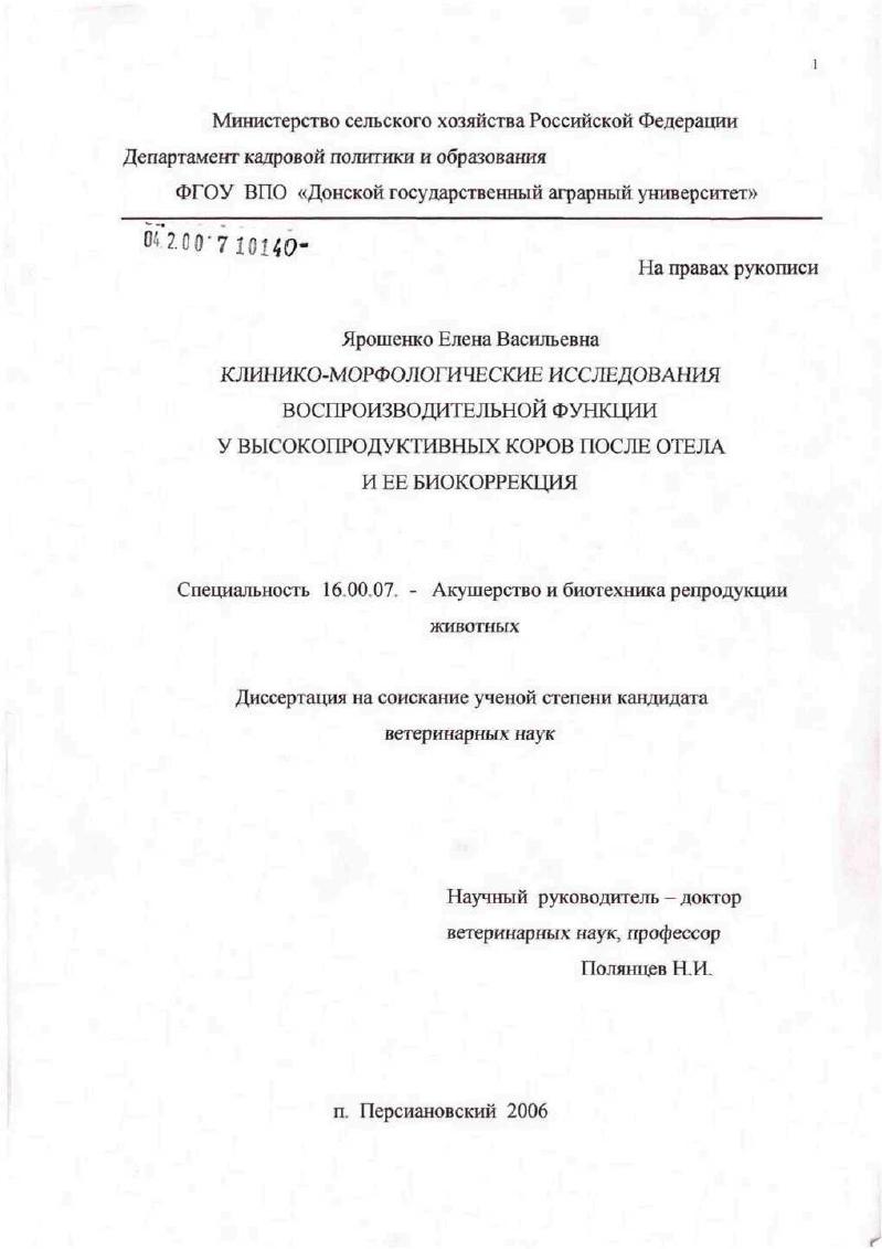 Клинико-морфологические исследования становления воспроизводительной функции у высокопродуктивных коров после отела и ее биокоррекция
