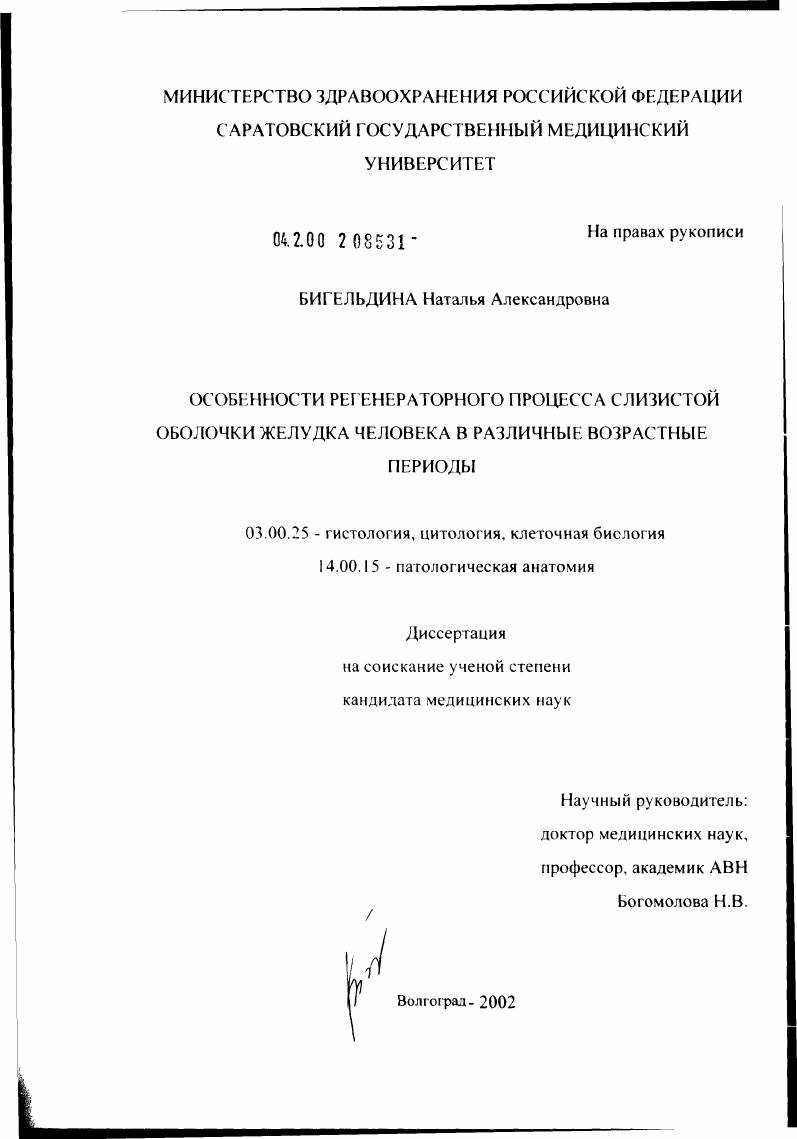 Особенности регенераторного процесса слизистой оболочки желудка человека в различные возрастные периоды