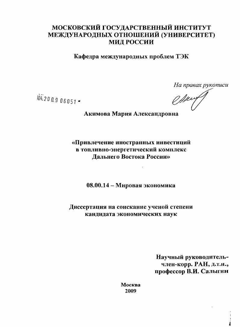 Привлечение иностранных инвестиций в топливно-энергетический комплекс Дальнего Востока России